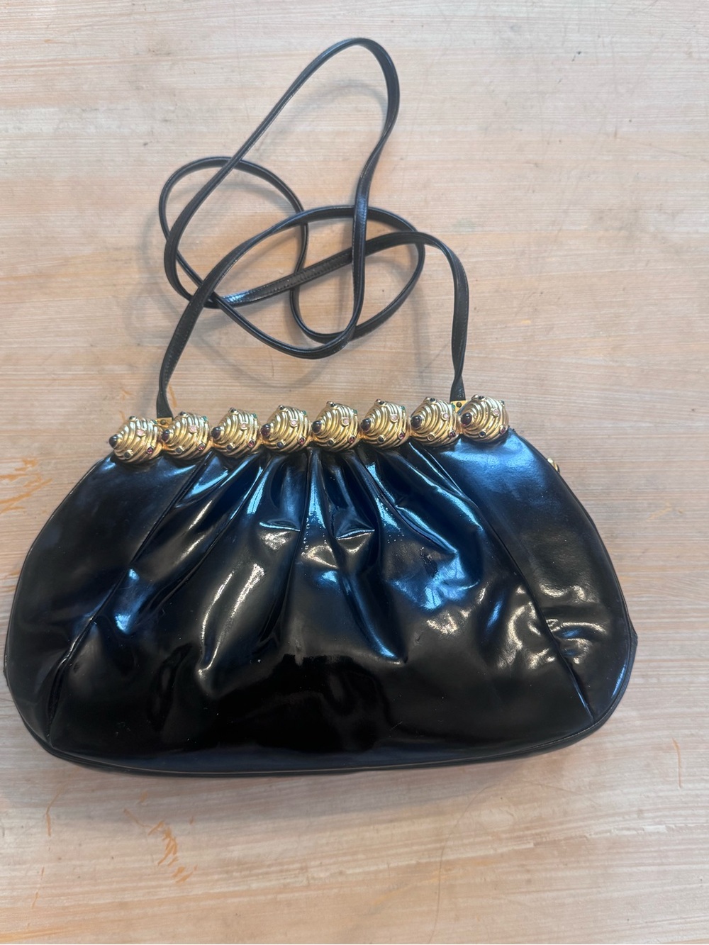 Judith Leiber Black Patent Shoulder Bag with Gold Sculptural Hardware